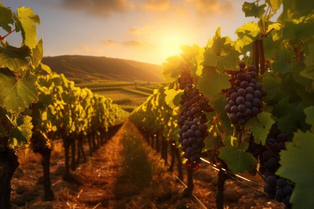 Vignoble au coucher du soleil Rangées de vignes en attente de récolte Illustration générative de l'IA