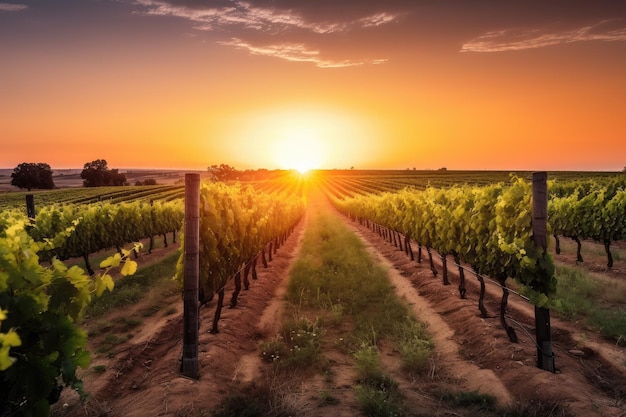 Vignoble au coucher du soleil avec soleil chaud à l'horizon