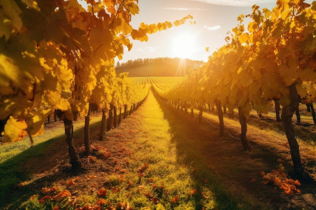 Vignoble en automne avec le soleil qui brille à travers les feuilles changeantes