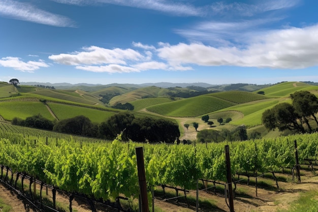 Vignoble avec collines et ciel bleu en arrière-plan créé avec une IA générative