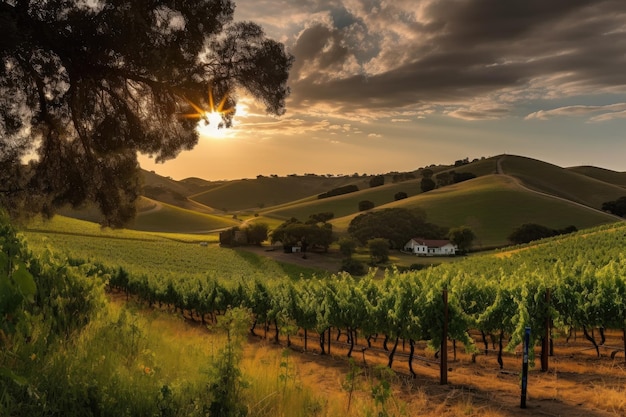 Vignoble avec des collines et un ciel ensoleillé créé avec une IA générative