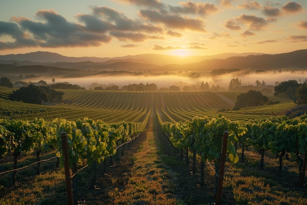 un vignoble avec un coucher de soleil en arrière-plan