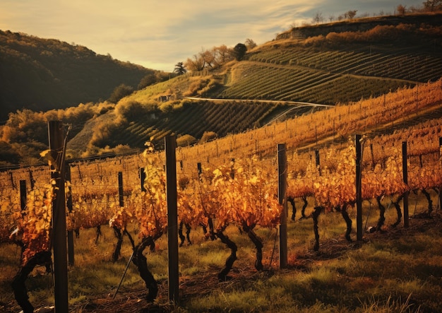 Un vignoble à flanc de colline en automne