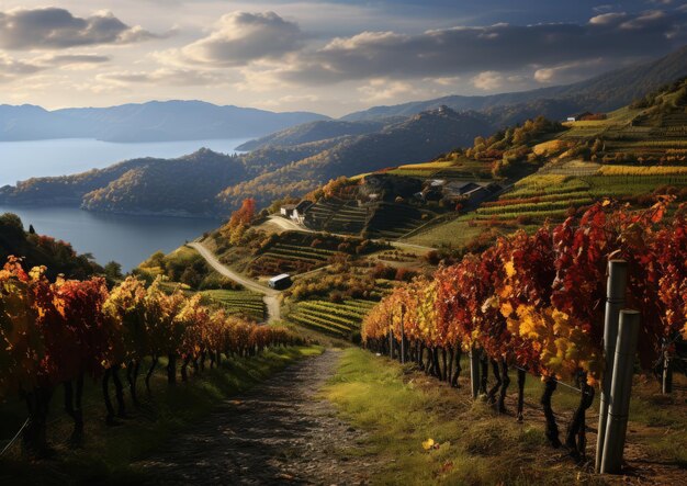 Un vignoble à flanc de colline en automne