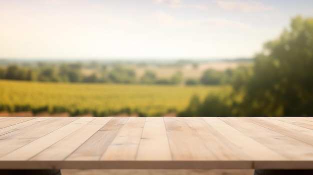 Un vignoble français sert de base assombrie à une table en bois épurée Ressource créative générée par l'IA