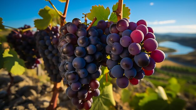 Un vignoble luxuriant avec des rangées de vignes chargées de raisins violets mûrs