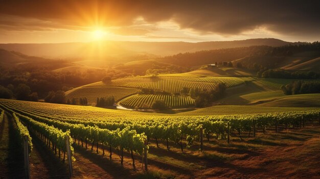 Un vignoble majestueux avec des rayons de soleil dorés et chauds