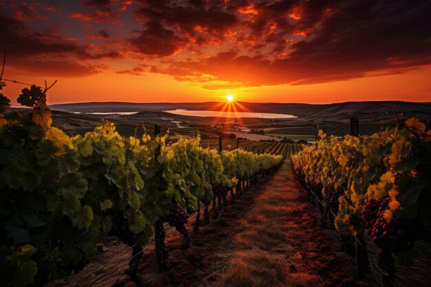Vignoble pittoresque au coucher du soleil Generative AI