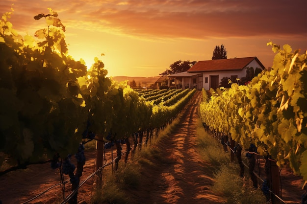 Un vignoble pittoresque au crépuscule rempli de vignes, une cave à l'ancienne et les braises radieuses du crépuscule