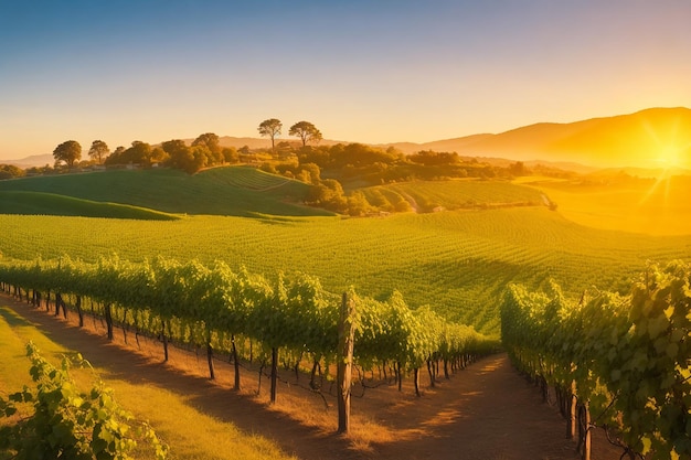 Un vignoble pittoresque à l'heure d'or avec des rangées de vignes s'étendant jusqu'à l'horizon