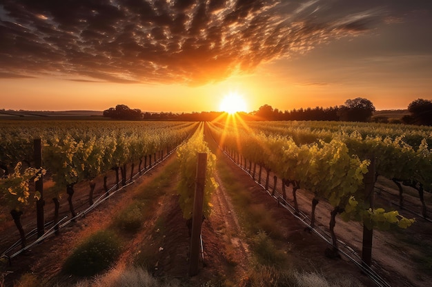 Vignoble avec des rangées de vignes et du soleil à l'horizon