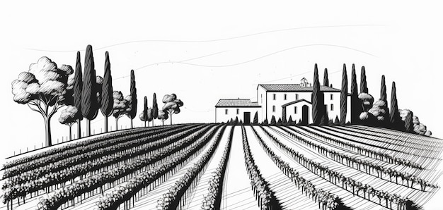 Vignoble avec rangées de vignes et maison simple dessin au trait illustration style ai générative