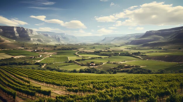 un vignoble à Rioja avec des collines vallonnées et des vignes vertes