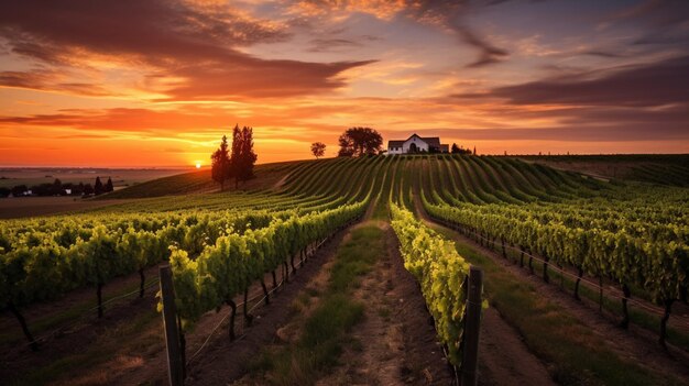 Un vignoble serein avec un coucher de soleil pittoresque dans le