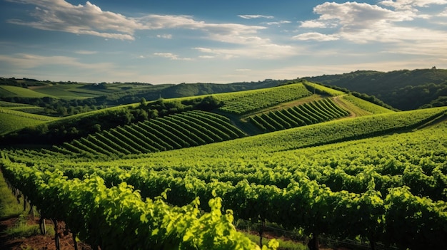 Un vignoble vert sur une colline