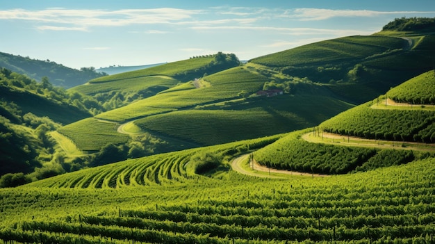 Un vignoble vert sur une colline