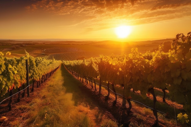 Vignoble avec vue sur le coucher de soleil à l'horizon projetant une lumière chaude et dorée