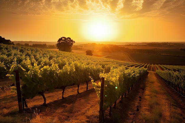 Vignoble avec vue sur le coucher de soleil à l'horizon projetant une lumière chaude et dorée