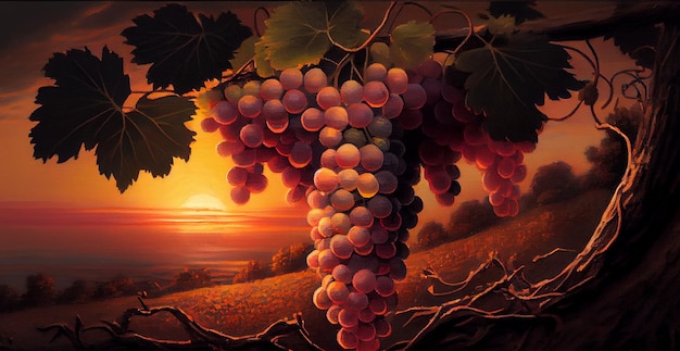 Vignobles au coucher du soleil raisins d'automne mûrs peinture à l'huile image générée par AI