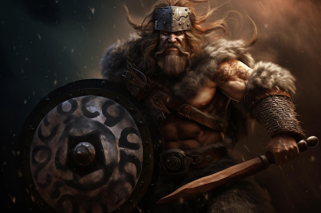 Photo viking berserker avec de la fourrure d'animal et de la peinture de guerre ia générative