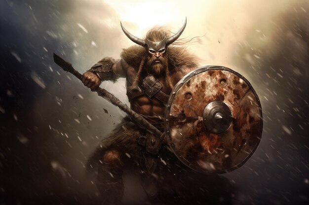 Photo viking berserker avec de la fourrure d'animal et de la peinture de guerre ia générative