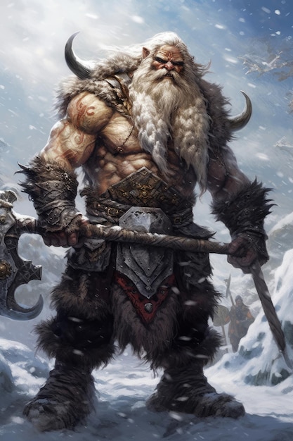 Un viking avec une grande barbe se tient dans la neige.