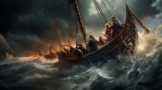 Des vikings en paysage dans un bateau sur un océan de vitesse avec une lumière spectaculaire