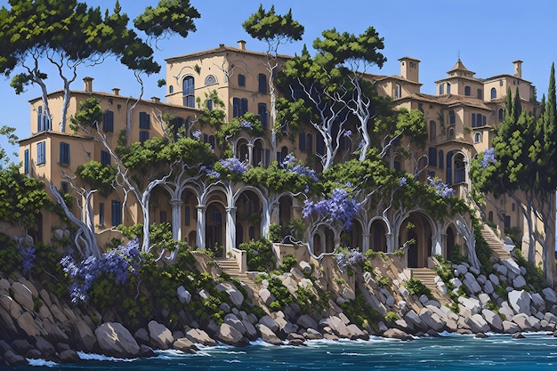 Villa aquarelle paysage sur la côte avec des arbres