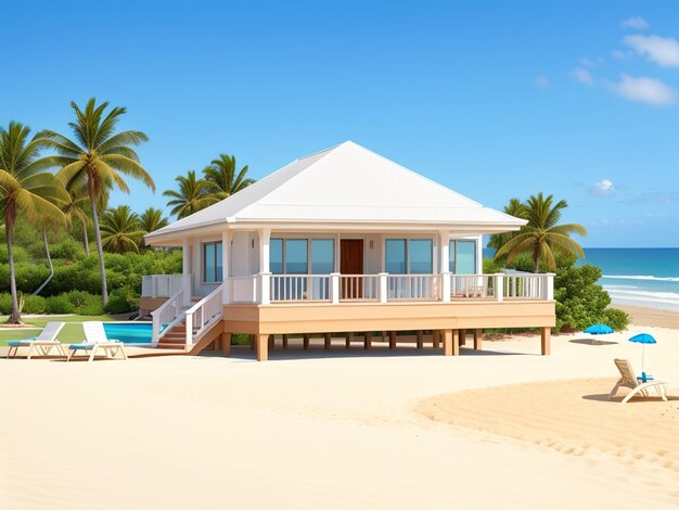 Une villa au bord de la mer avec une plage de sable