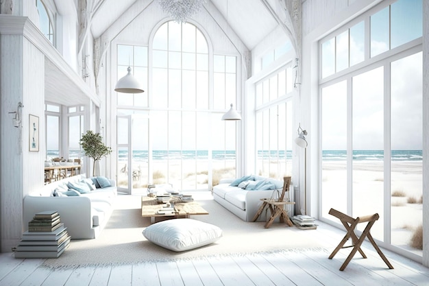 Villa blanche confortable en bord de mer avec de grandes fenêtres sur l'ai générative du bord de mer