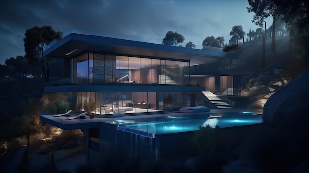 Villa contemporaine avec piscine et jardin à l'heure bleue ai générative