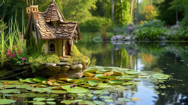 Une villa de fées perchée sur des lily pads flottants