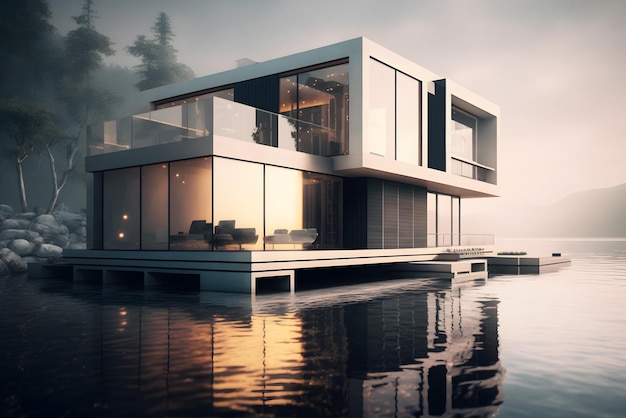 Villa de luxe sur l'eau dans la brume à l'extérieur d'une maison moderne au bord d'une rivière ou d'un lac IA générative