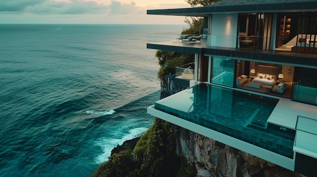 Photo villa de luxe sur la falaise avec piscine à l'infini et vue sur l'océan