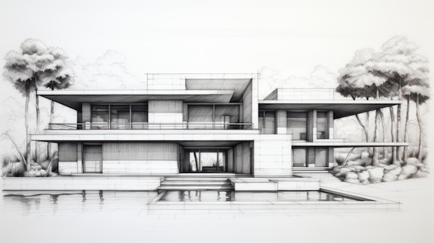 Villa de luxe minimaliste dessin en graphite détaillé d'une maison moderne élégante