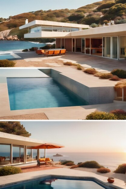 Villa de luxe moderne au coucher du soleil Maison privée avec piscine à débordement