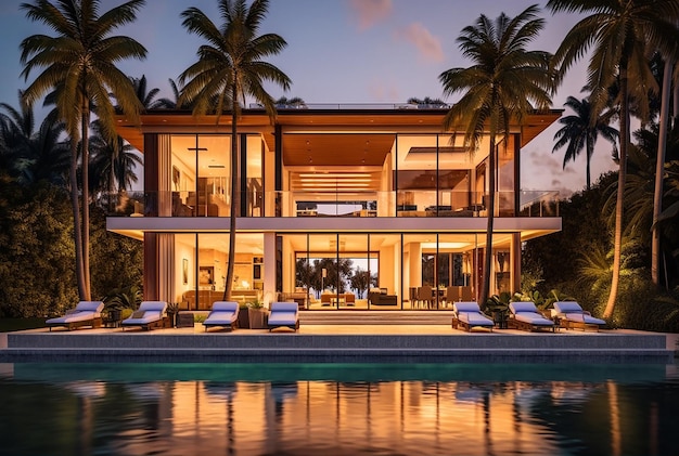 Villa moderne avec fenêtres panoramiques et piscine à la lumière du soir