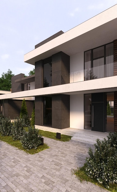 Villa moderne avec une grande terrasse et des fenêtres panoramiques. visualisation 3D. Architecture unique