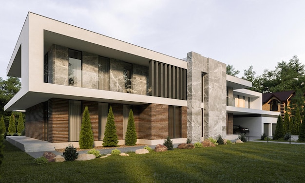 Villa moderne avec une grande terrasse et des fenêtres panoramiques. visualisation 3D. Architecture unique.