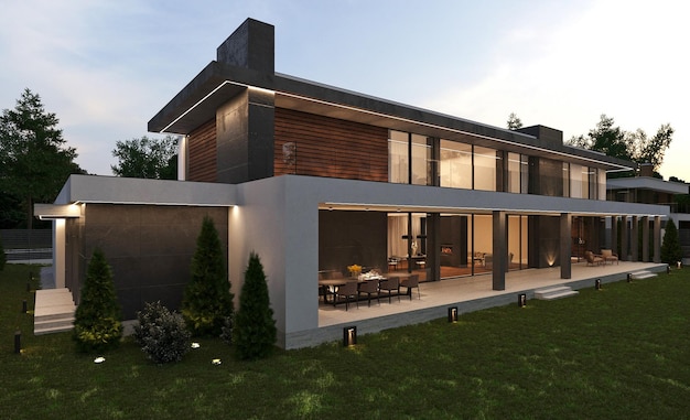 Villa moderne avec une grande terrasse et des fenêtres panoramiques. visualisation 3D. Éclairage du soir