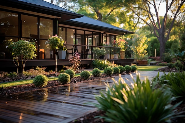 Villa moderne avec jardin extérieur jardin d'arrière nuit soirée