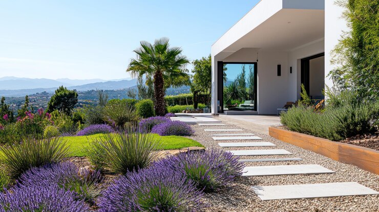 Photo villa moderne avec jardin de lavande et vue sur la montagne