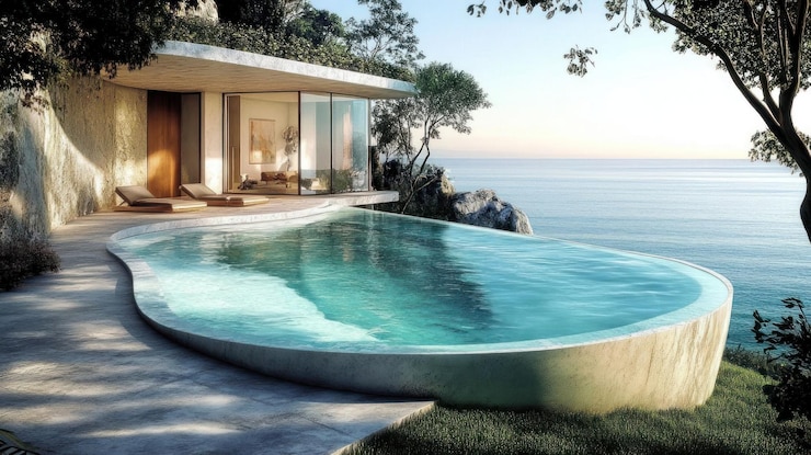 Photo une villa moderne avec une piscine à débordement surplombant l'océan au lever du soleil