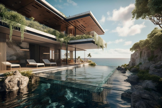 Une villa avec piscine et vue mer