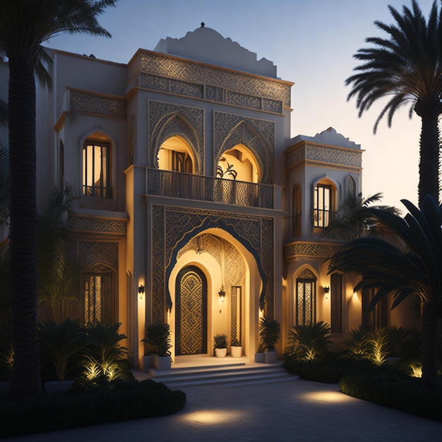 Une villa de style arabe réaliste avec un éclairage de façade professionnel réaliste est le sujet de l'IA générative