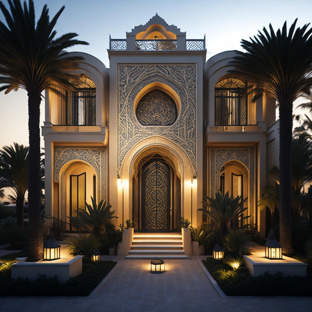 Une villa de style arabe réaliste avec un éclairage de façade professionnel réaliste est le sujet de l'IA générative