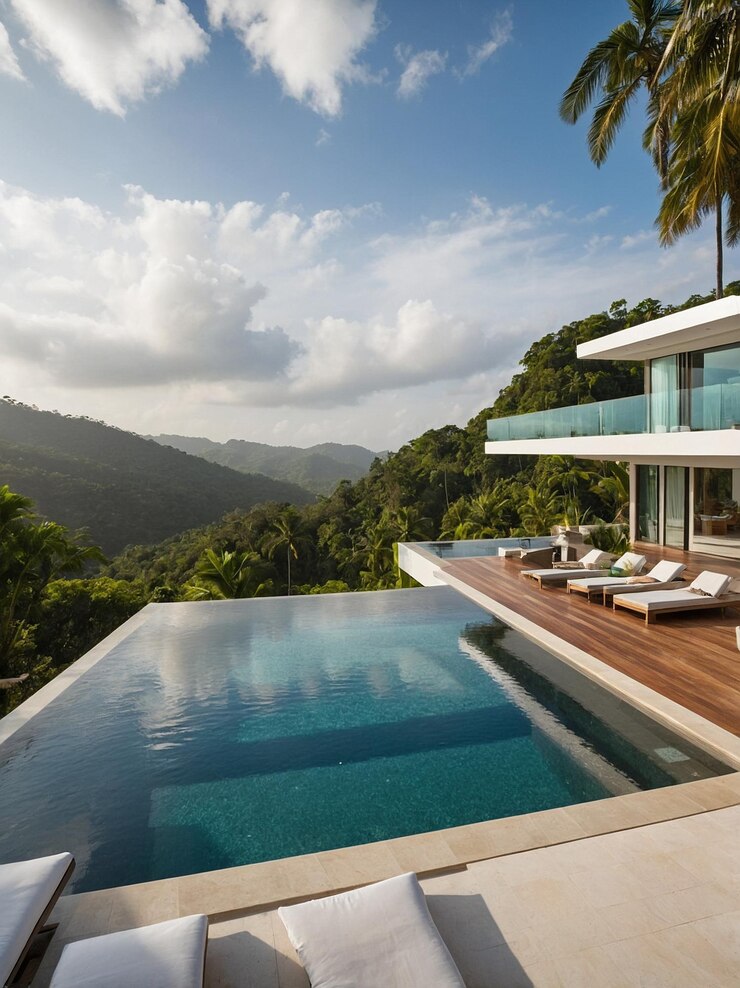 Villa tropicale avec piscine à débordement et environs luxuriants