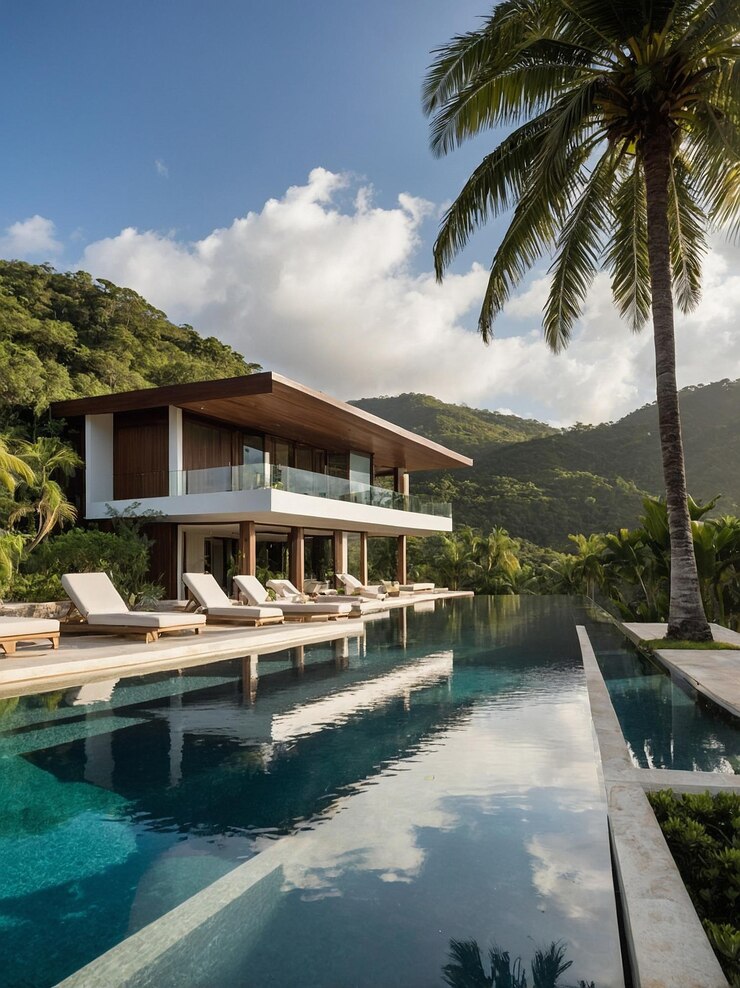 Villa tropicale avec piscine à débordement et environs luxuriants
