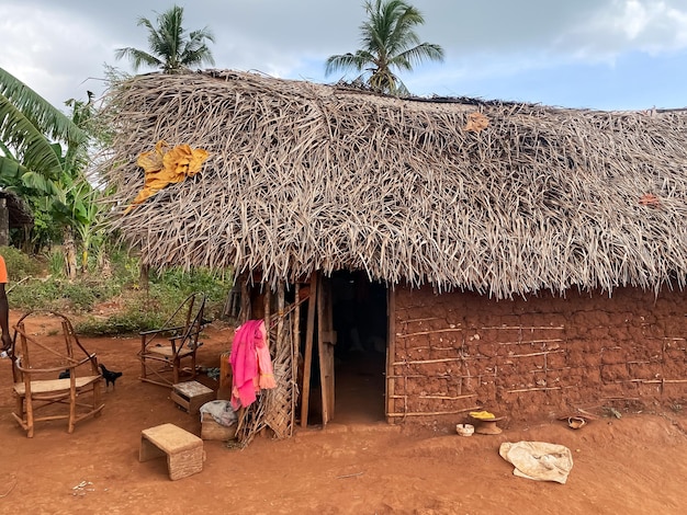 Village africain local dans des maisons d'argile d'été et des toits de chaume bananiers voyage et tourisme