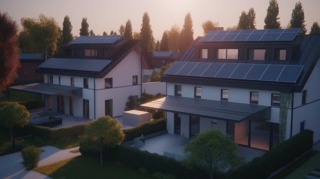 Village américain européen moderne Maisons soignées avec panneaux solaires sur les toits Source alternative d'électricité Le concept de ressources renouvelables